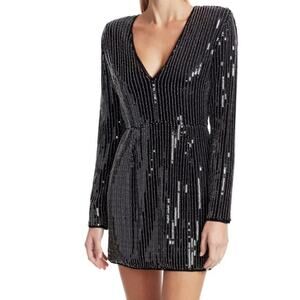 Haney Carlotta V-Neck Sequin Mini Dress Silver Black Women's 6 8 10 12